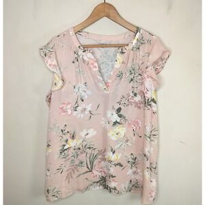 LOFT Pink Floral Top Flutter Sleeve Blouse